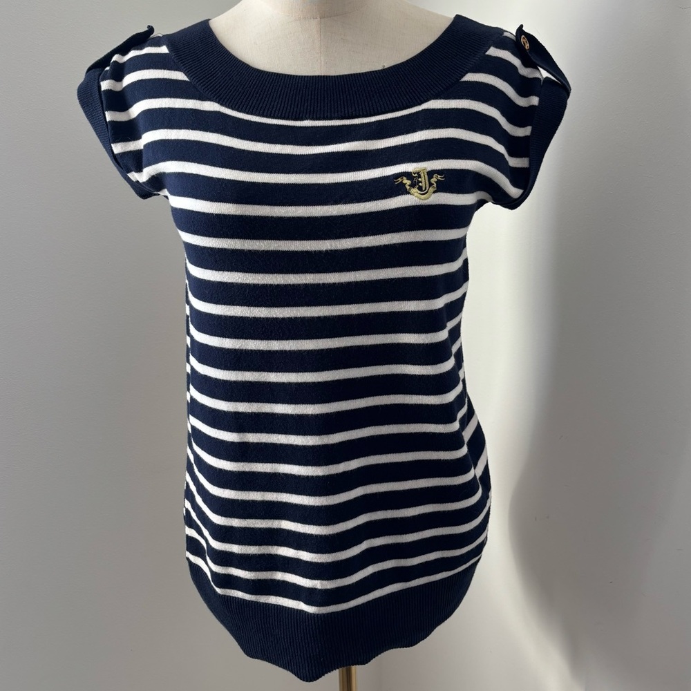 Juicy Couture Knitted Navy & White Striped Cap Sleeve Open Back Sweater